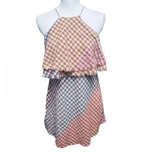 Zara Trafaluc Women’s Sz Small Orange Blue Gingham Halter Popover Dress